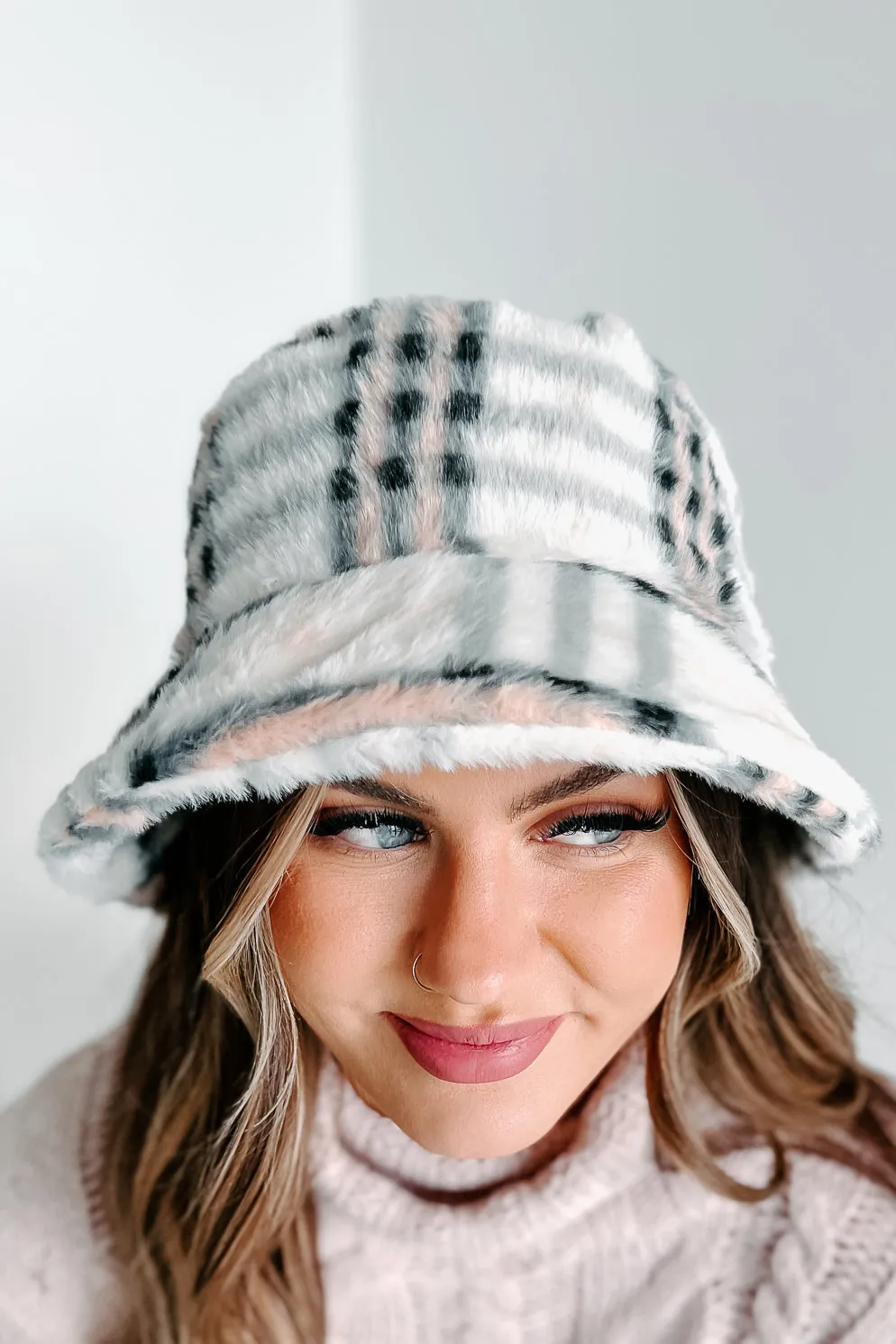 Holiday Steal- Crazy Fur You Plaid Faux Fur Bucket Hat (Cream/Pink)