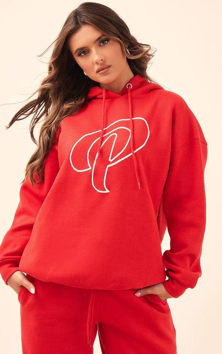 Hoodies & Sweatshirts | Cherry Red Logo Embroidered Oversized Hoodie | PrettyLittleThing