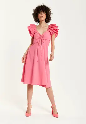 Liquorish Frill Sleeves Midi In Pink With Ruching Front