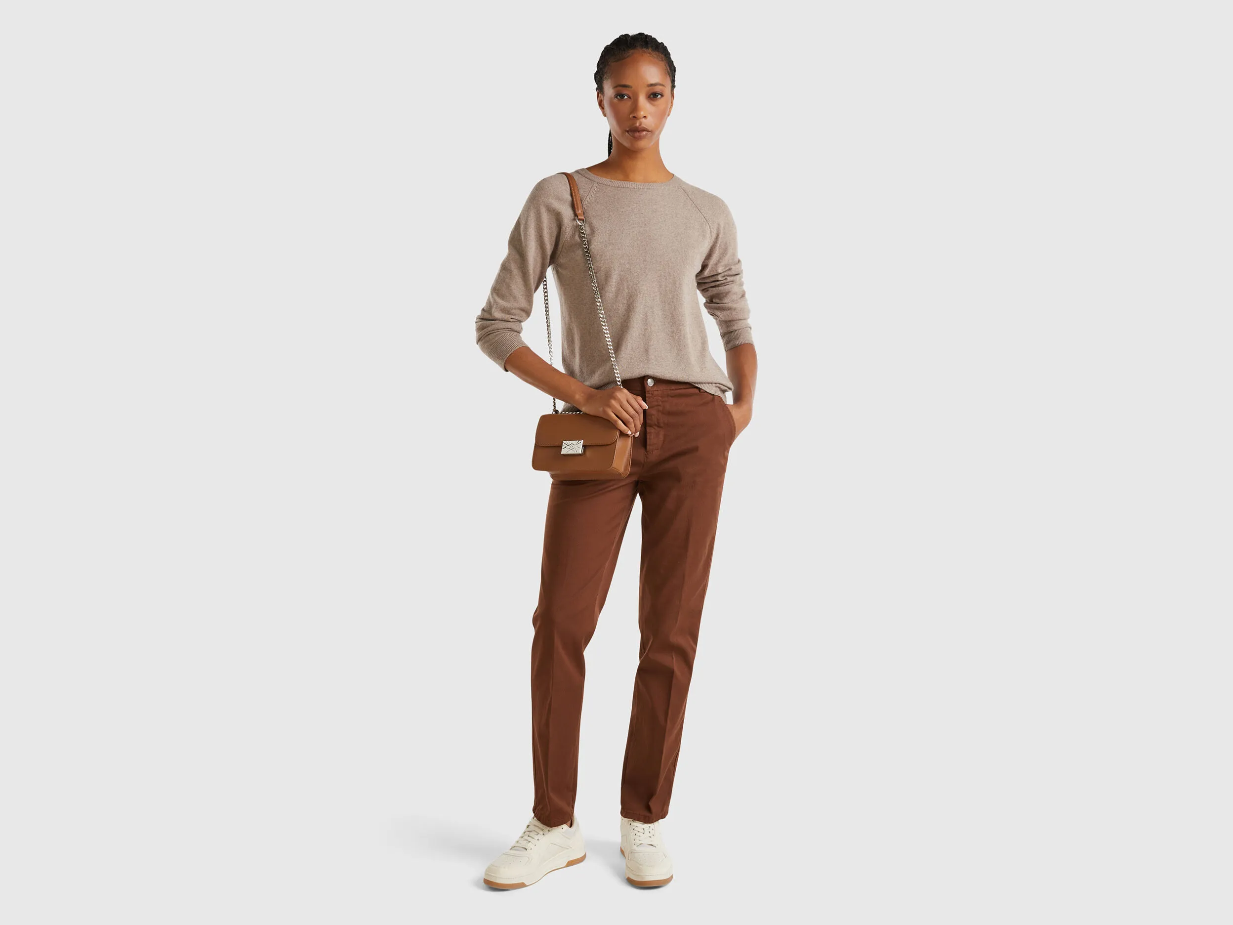 Marl brown crew neck sweater in wool and cashmere blend - Brown | Benetton