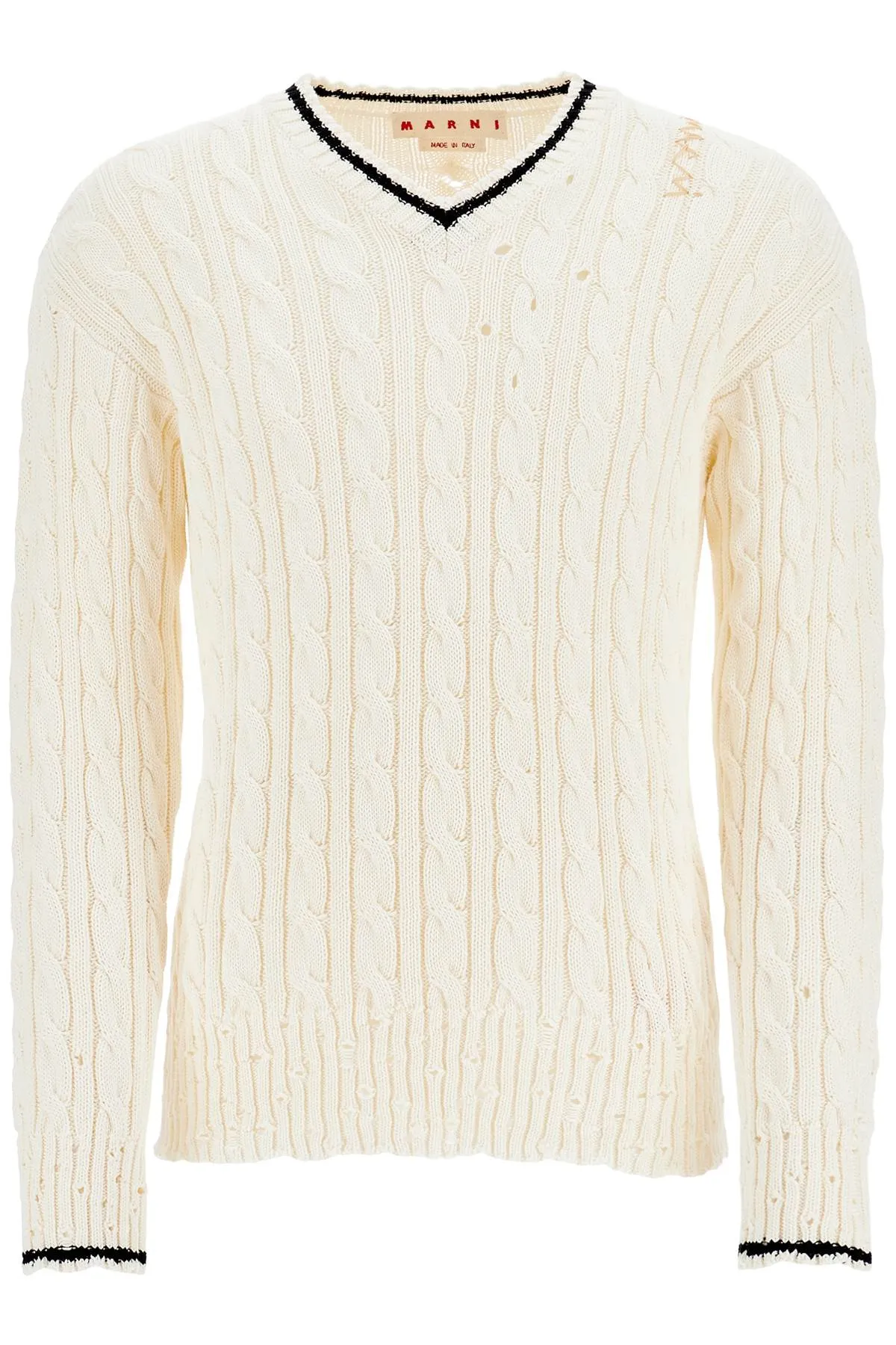 Marni White Cotton Sweater With Cable Knit V Neck