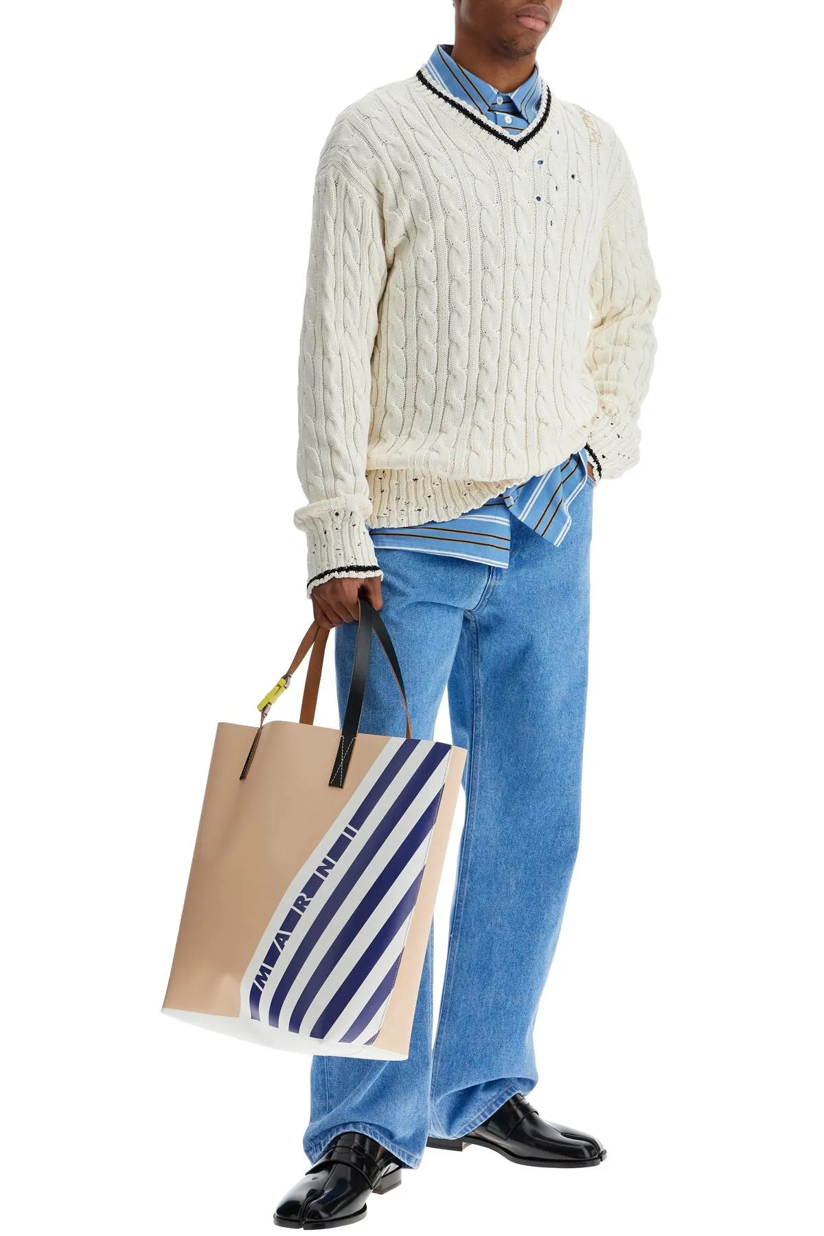 Marni White Cotton Sweater With Cable Knit V Neck