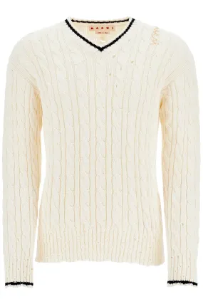 Marni White Cotton Sweater With Cable Knit V Neck