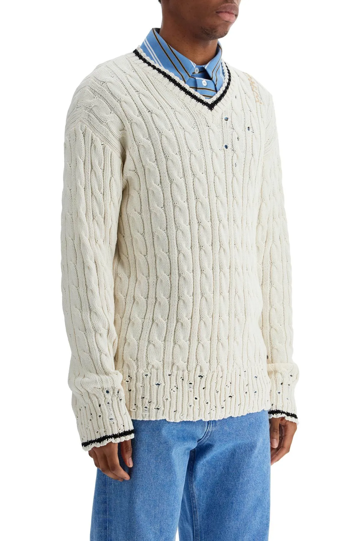 Marni White Cotton Sweater With Cable Knit V Neck