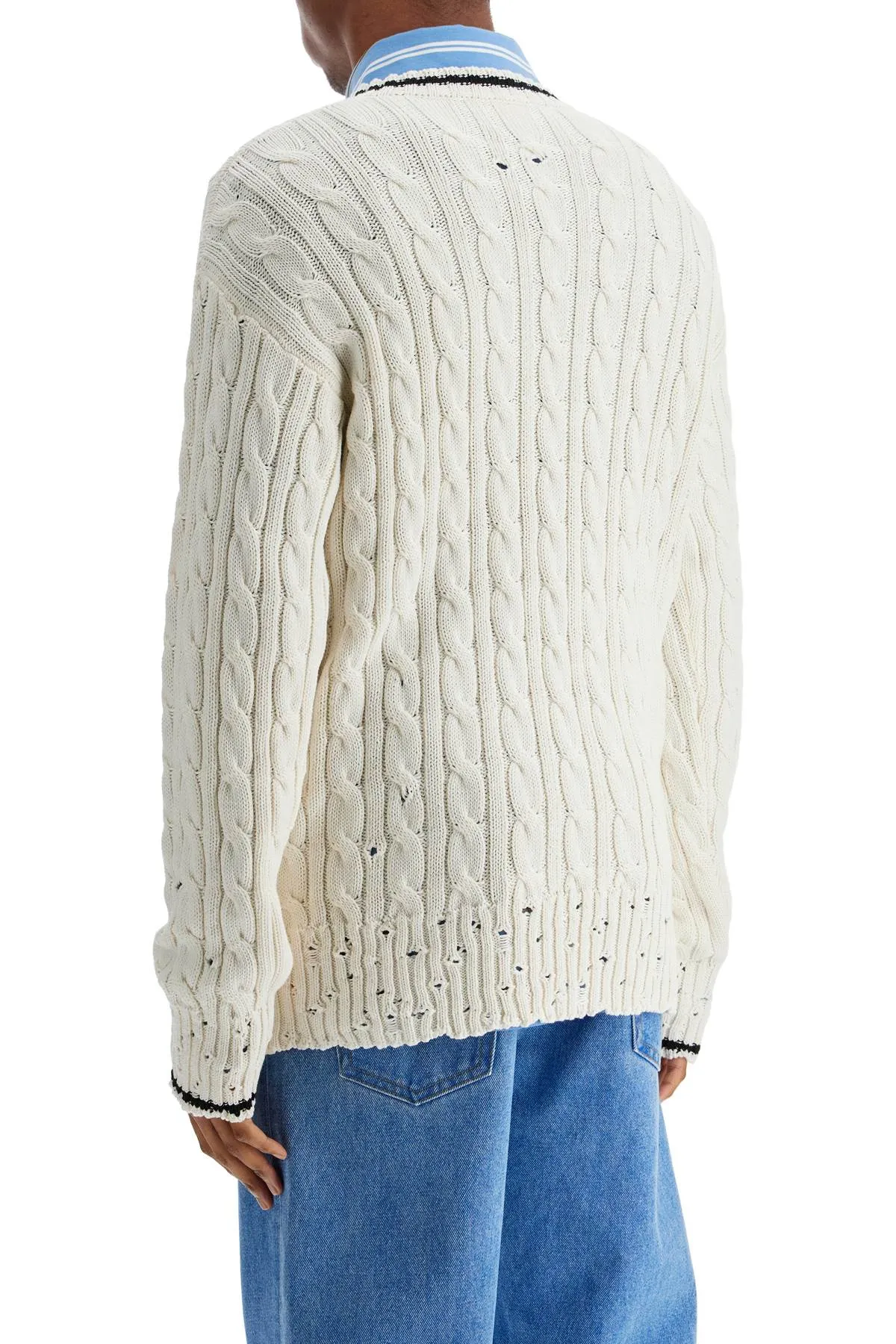 Marni White Cotton Sweater With Cable Knit V Neck