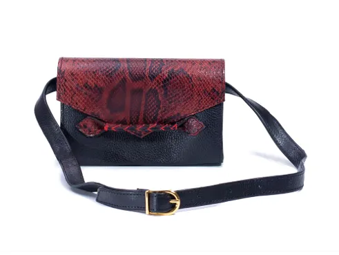 MARTE EGELE RED AND BLACK ESE BELT BAG Handwoven Front Closure Strip with magnetic closure