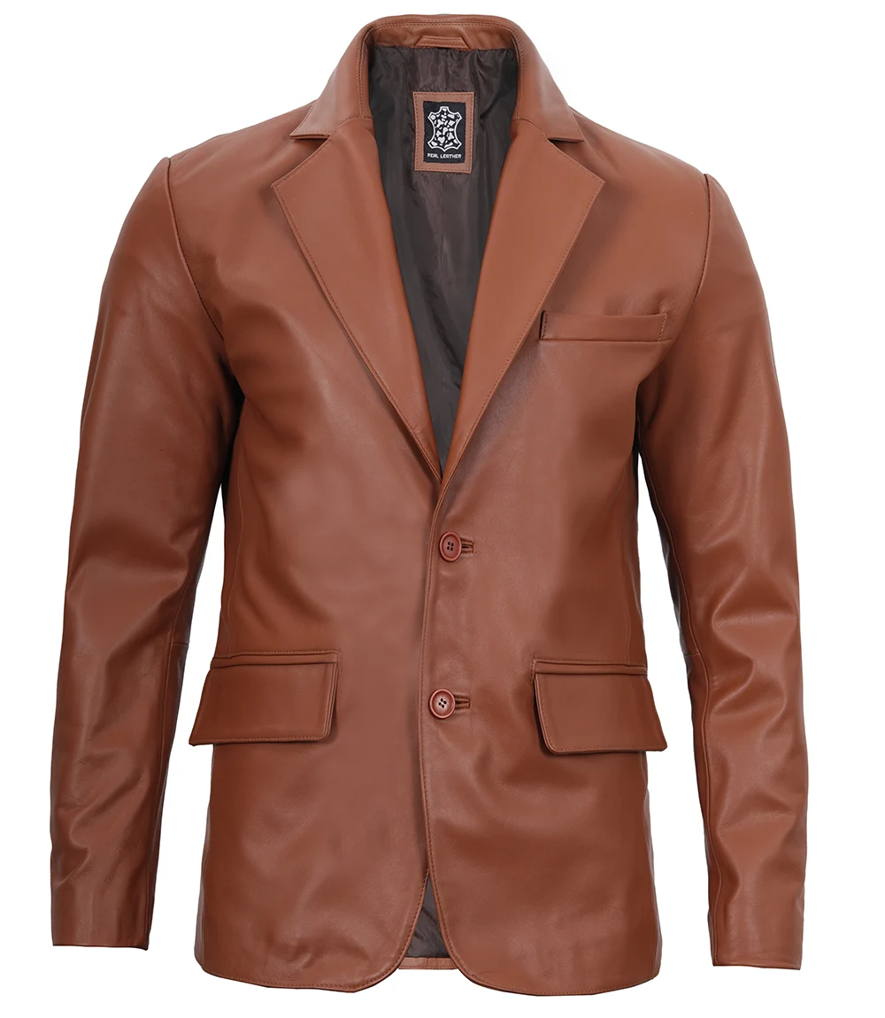 Men's Cognac Brown Leather Blazer Jacket