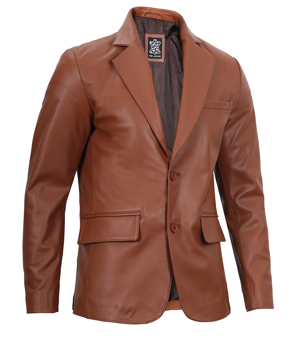 Men's Cognac Brown Leather Blazer Jacket