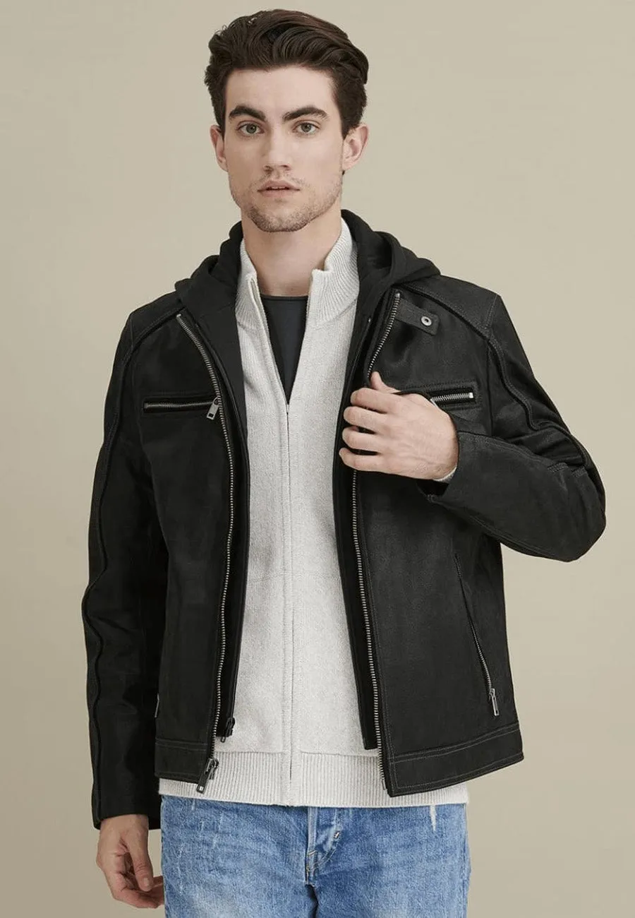 Men’s Black Leather Jacket Removable Hood