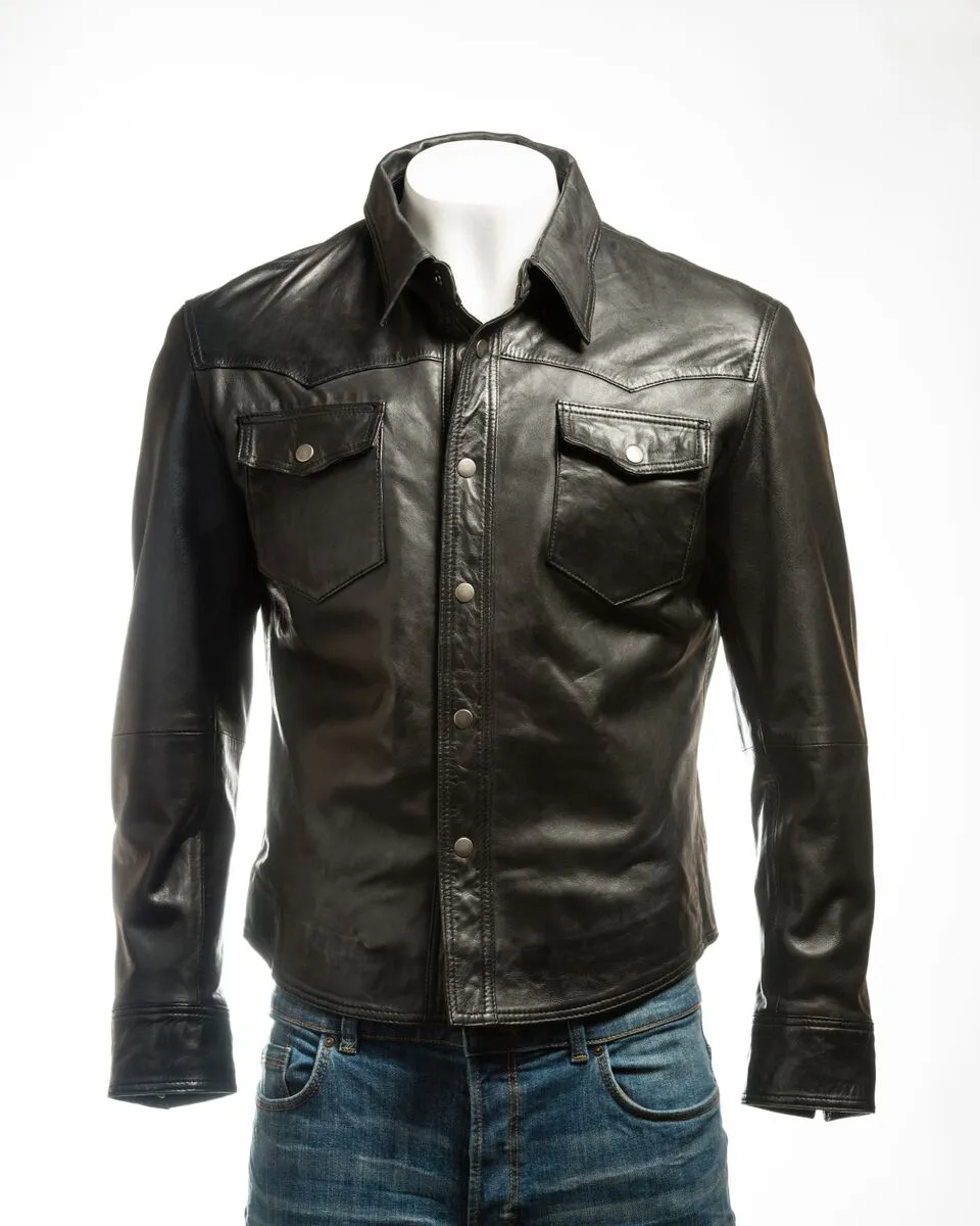 Men's Black Shirt Style Leather Jacket: Renzo