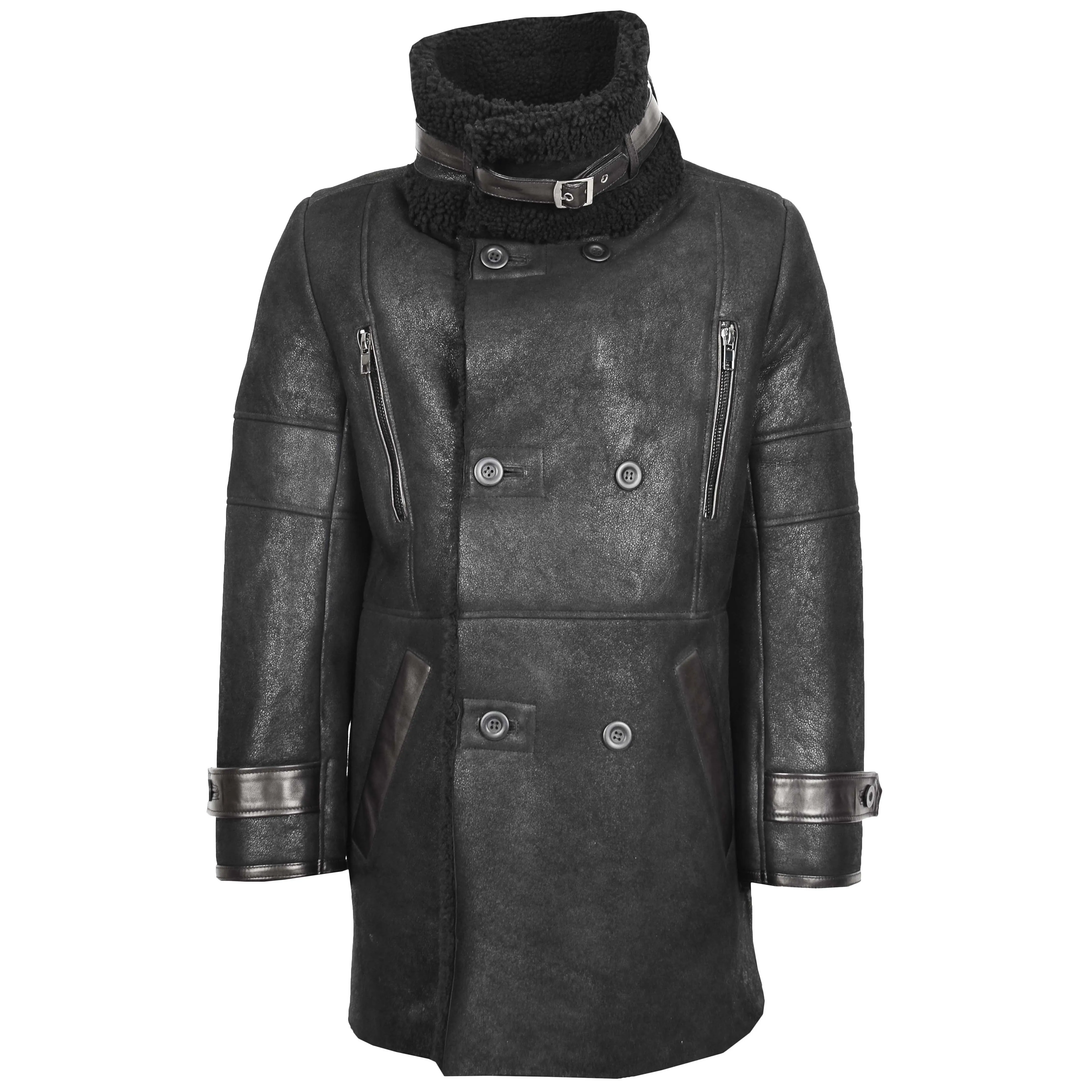 Mens Double Breasted Sheepskin 3/4 Length Coat Bryan Black