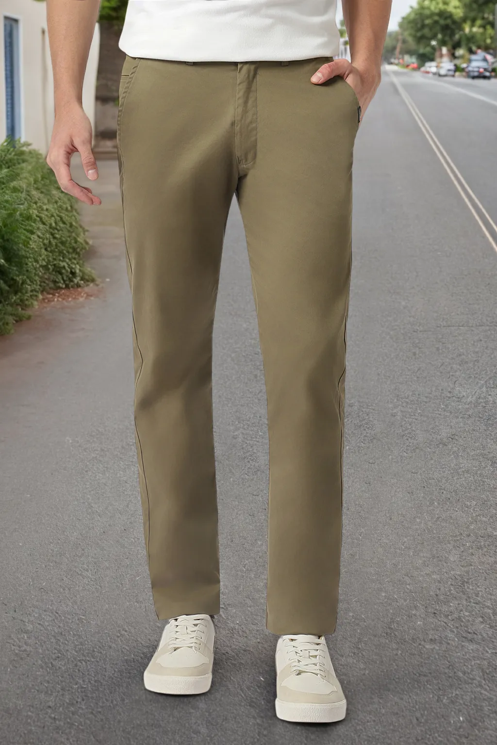 Men's Olive Green Cotton Slim Fit Casual Chinos Trousers Stretch