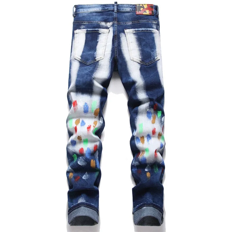 Men's Punk Style Ripped Paint Mid-Waist Hole Decor Denim Skinny Jeans Pants