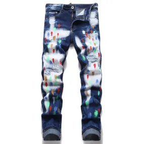 Men's Punk Style Ripped Paint Mid-Waist Hole Decor Denim Skinny Jeans Pants