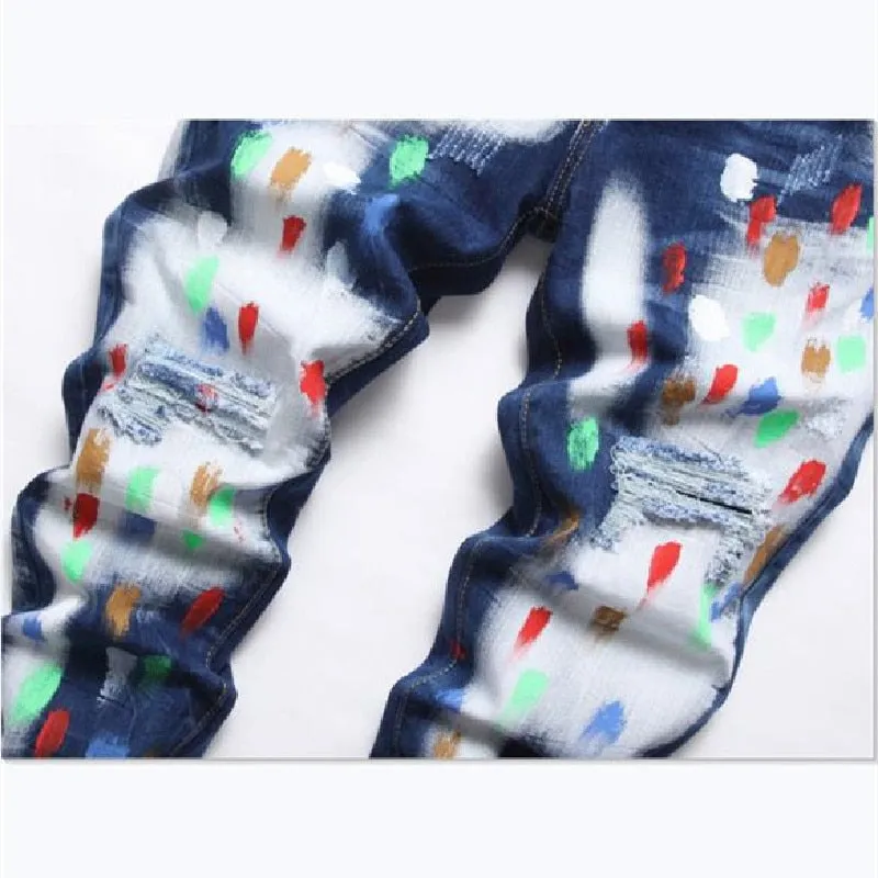 Men's Punk Style Ripped Paint Mid-Waist Hole Decor Denim Skinny Jeans Pants