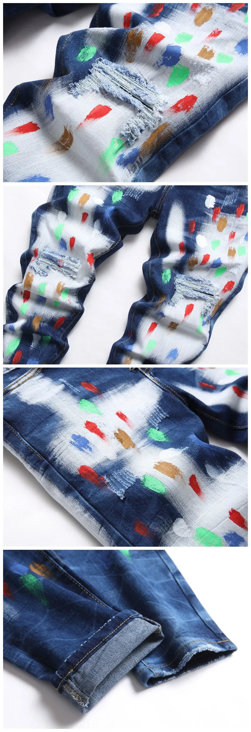 Men's Punk Style Ripped Paint Mid-Waist Hole Decor Denim Skinny Jeans Pants