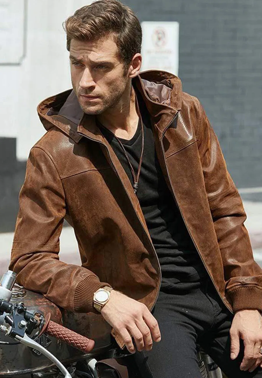 Men’s Tan Brown Leather Bomber Jacket Removable Hood