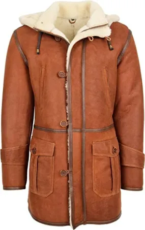 Men's Whiskey Sheepskin Hooded Duffle Coat