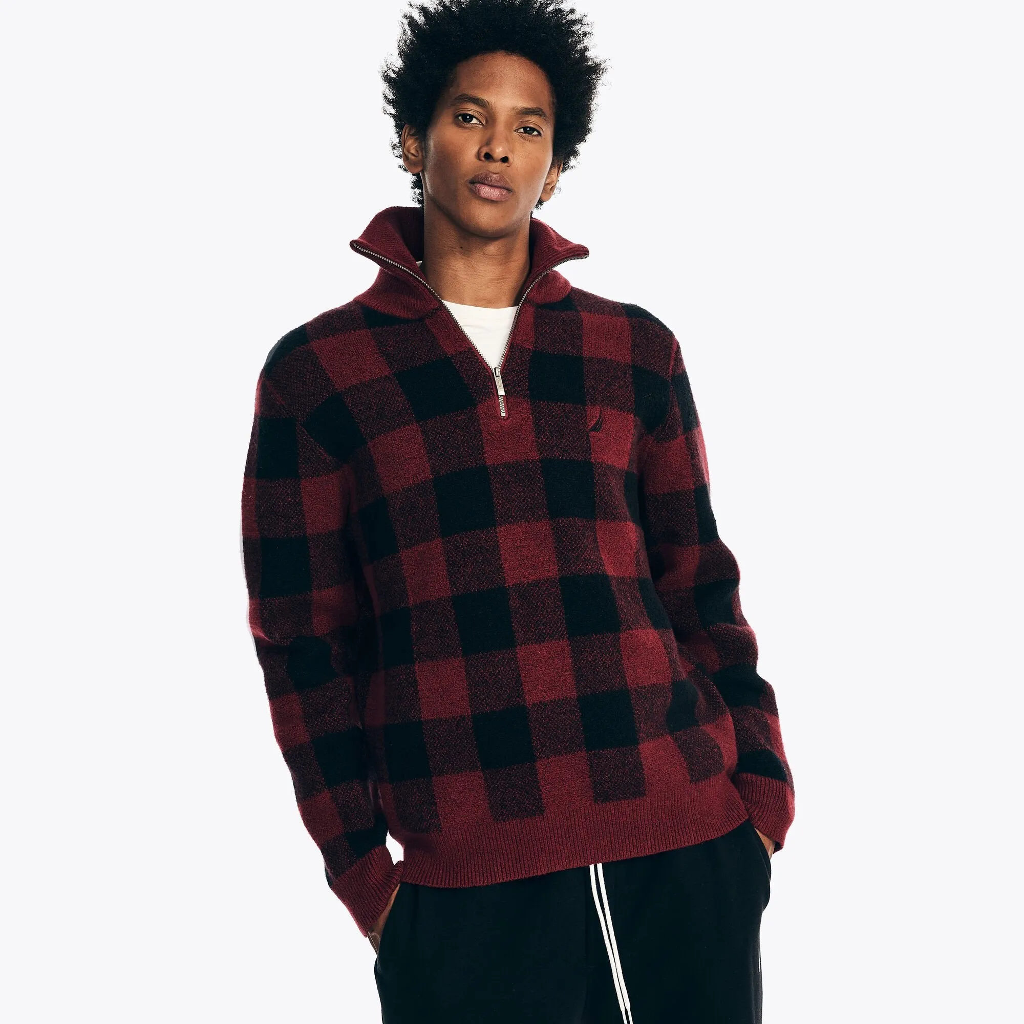 Nautica Men's Sustainably Crafted Buffalo Plaid Quarter-Zip Sweater Flamingo