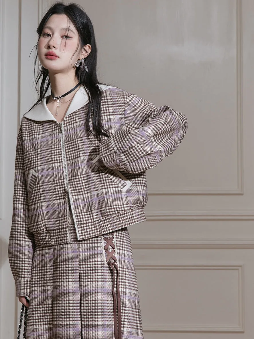 Navy Collar Plaid Short Jacket ＆ A-Line Pleated Skirt