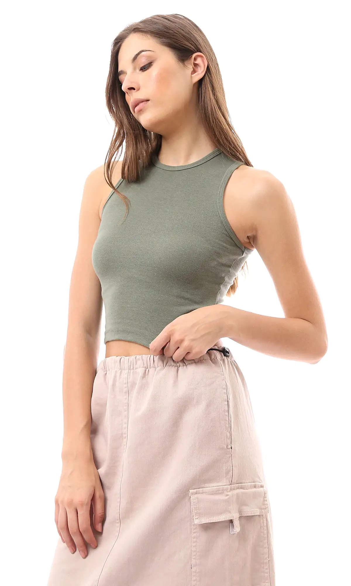 O166372 Round Neck Dark Olive Casual Cropped Tank Top