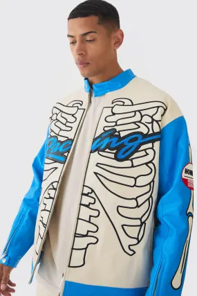 Oversized Ribcage Applique PU Moto Jacket In Blue