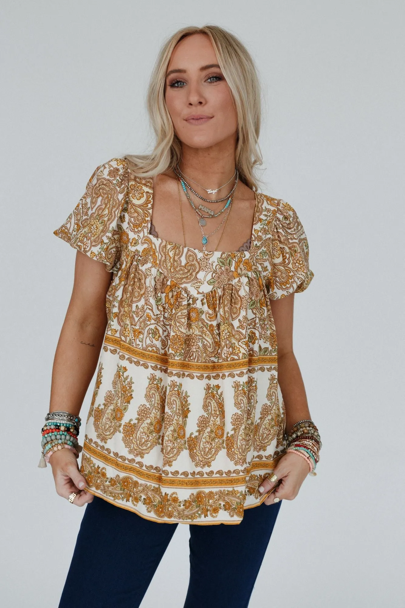 Paisley Rays Puff Sleeve Top - Cream Multi