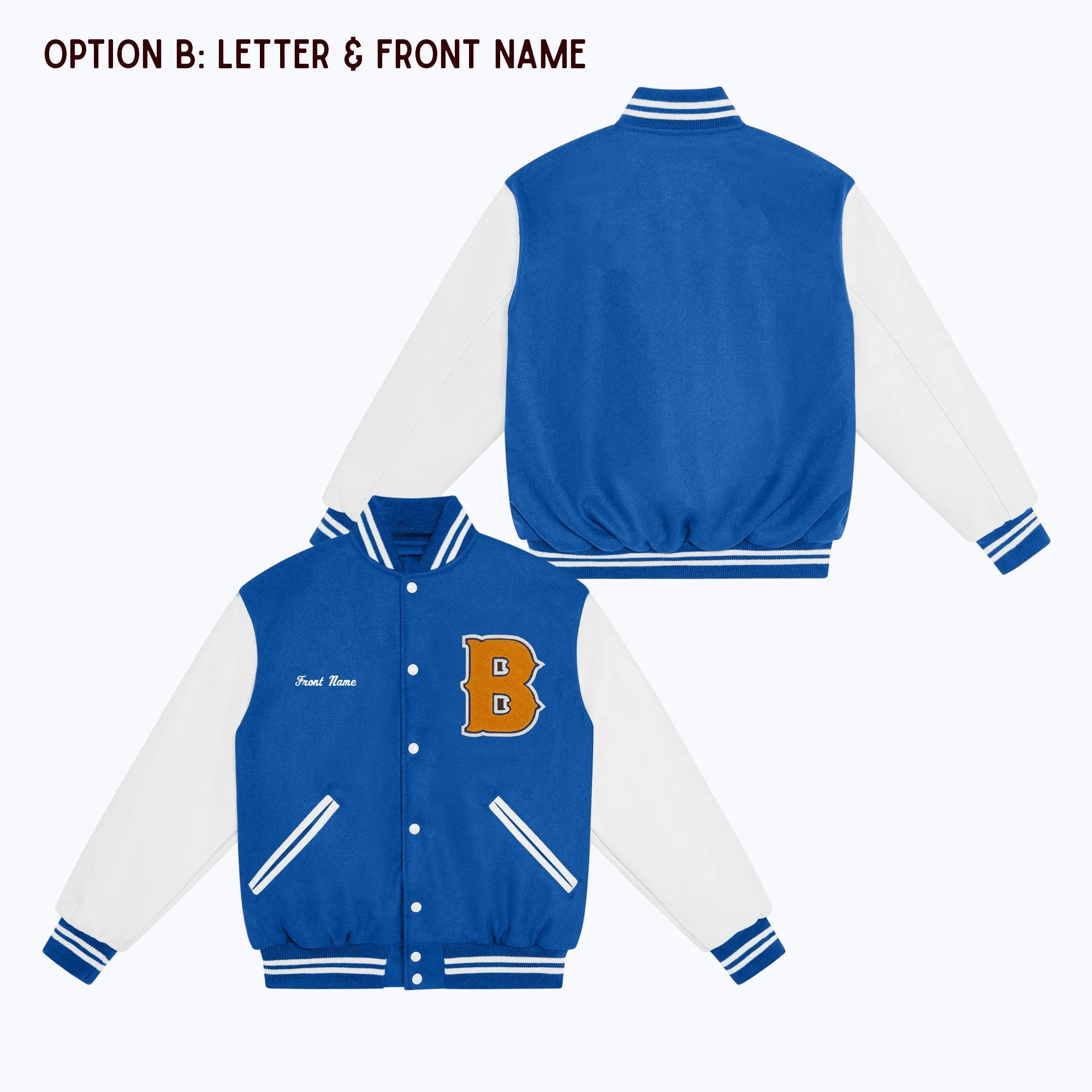 Personalized Adult Wool Leather Varsity Jacket ROYAL BLUE/WHITE