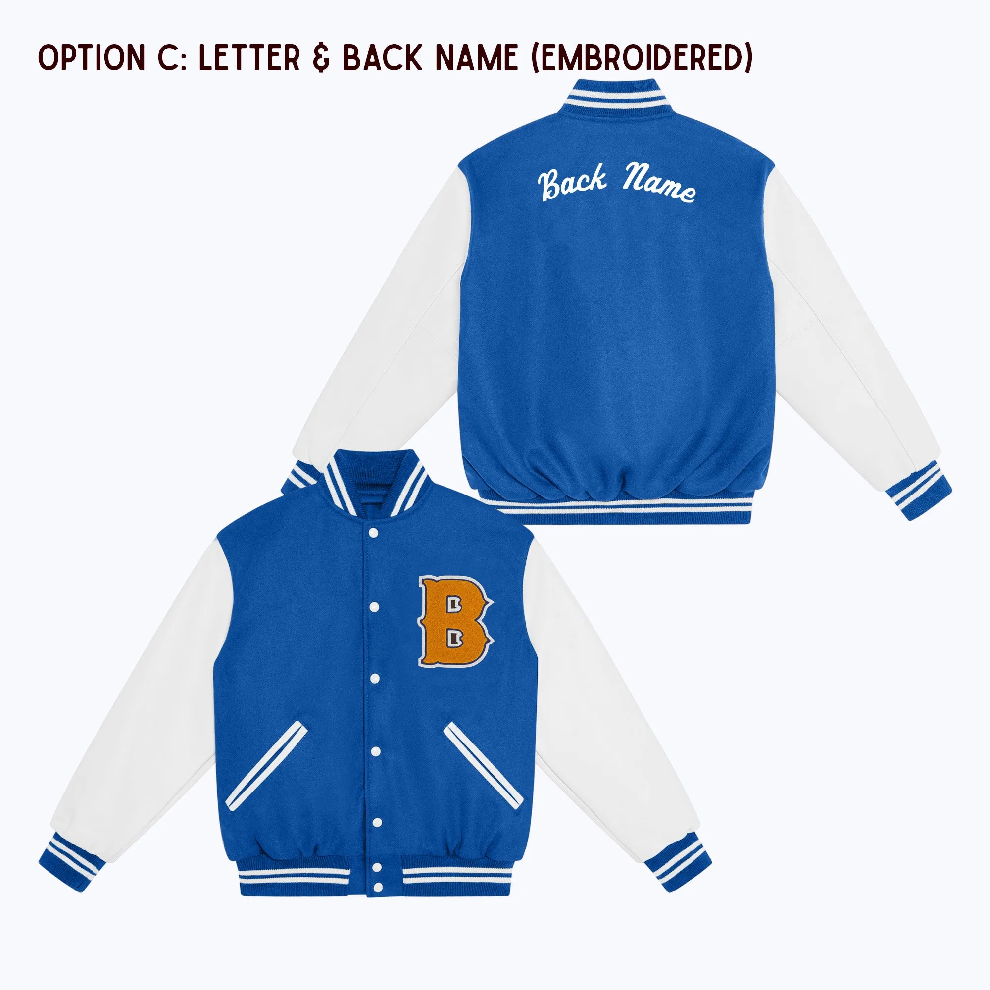 Personalized Adult Wool Leather Varsity Jacket ROYAL BLUE/WHITE