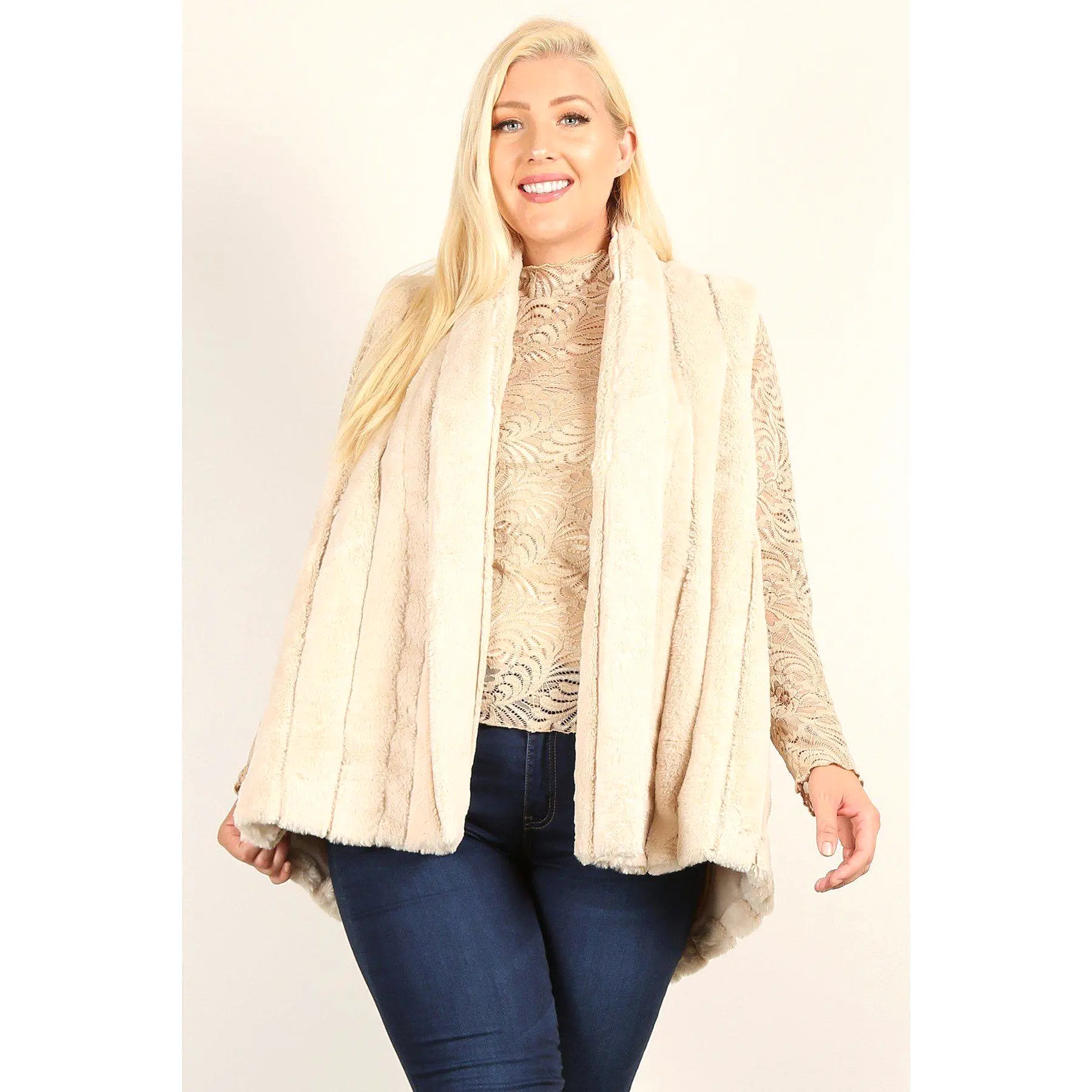 Plus Size Faux Fur Vest Jacket With Open Front, Hi-lo Hem, And Pockets