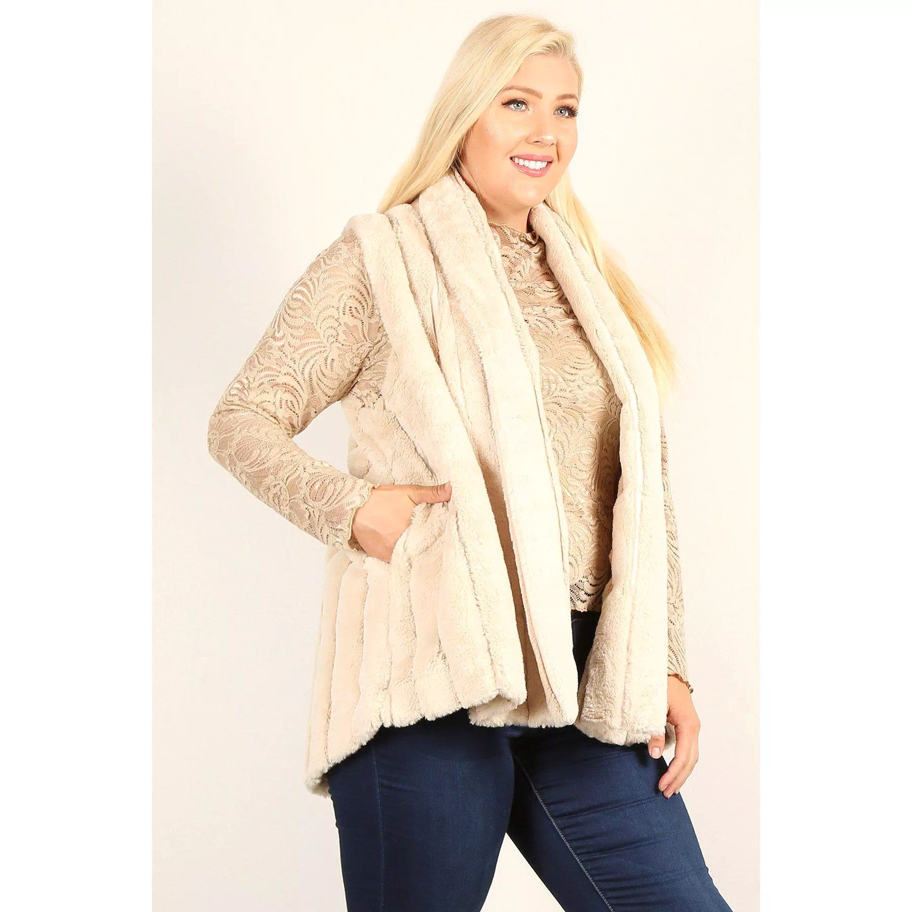 Plus Size Faux Fur Vest Jacket With Open Front, Hi-lo Hem, And Pockets