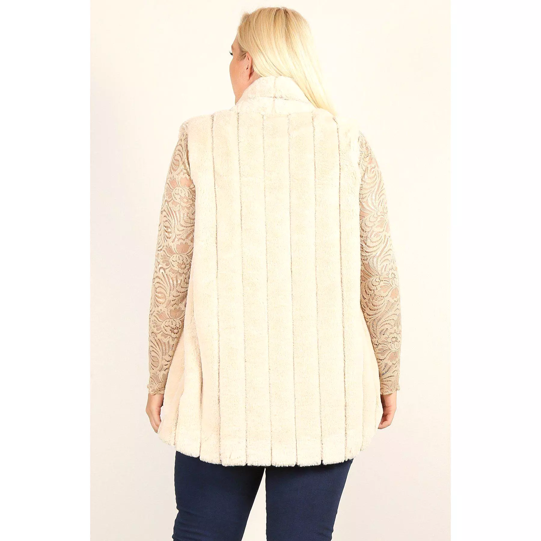 Plus Size Faux Fur Vest Jacket With Open Front, Hi-lo Hem, And Pockets