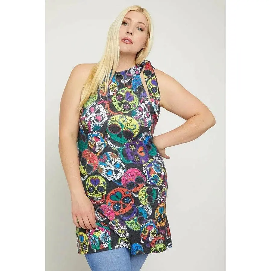 Plus size sleeveless sugar skull print dress