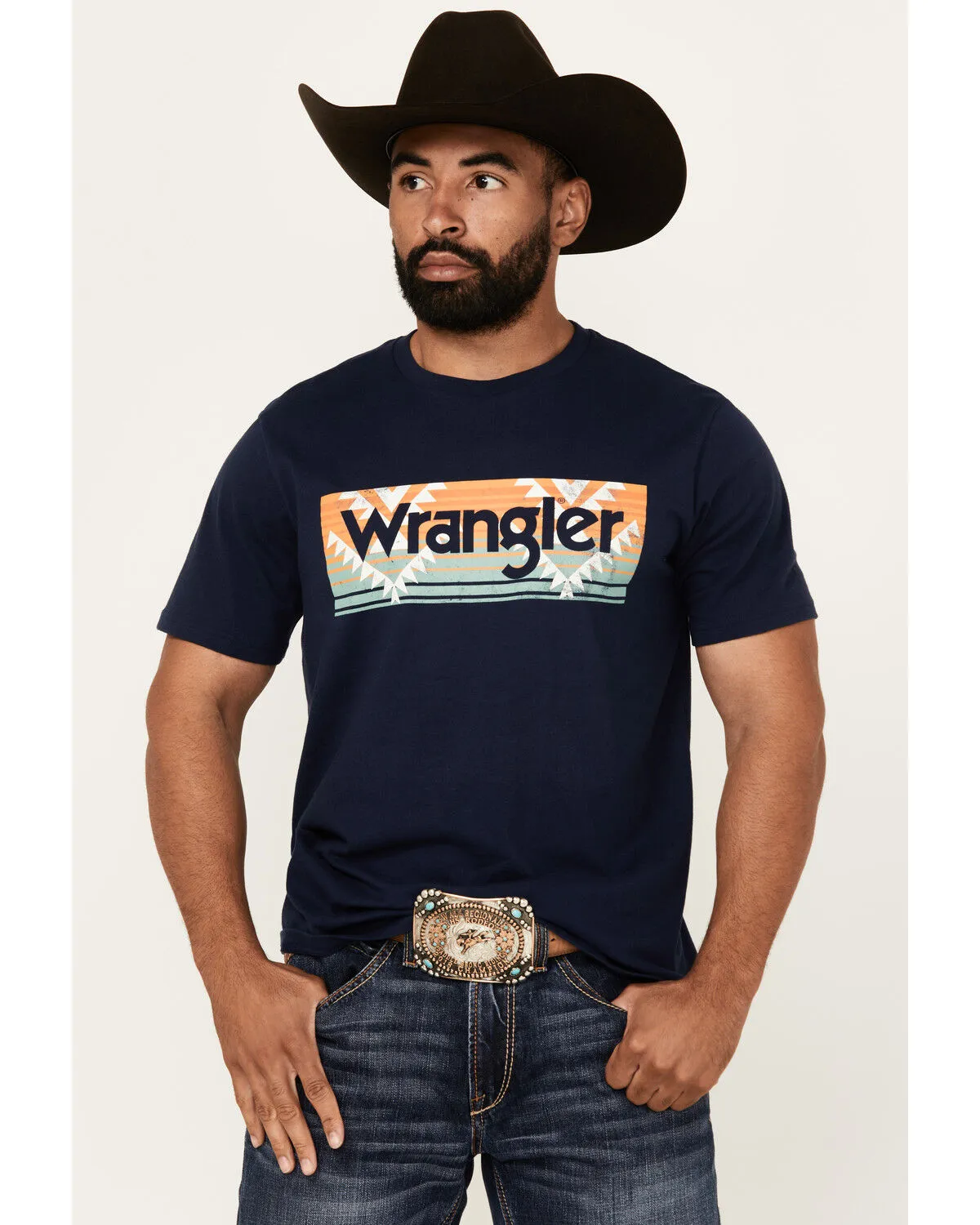 Product Name:  Wrangler Men's Boot Barn Exclusive Southwestern Box Logo Short Sleeve Graphic T-Shirt