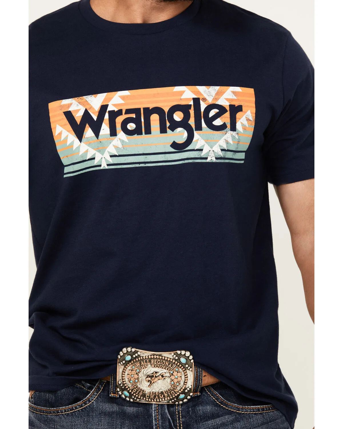 Product Name:  Wrangler Men's Boot Barn Exclusive Southwestern Box Logo Short Sleeve Graphic T-Shirt