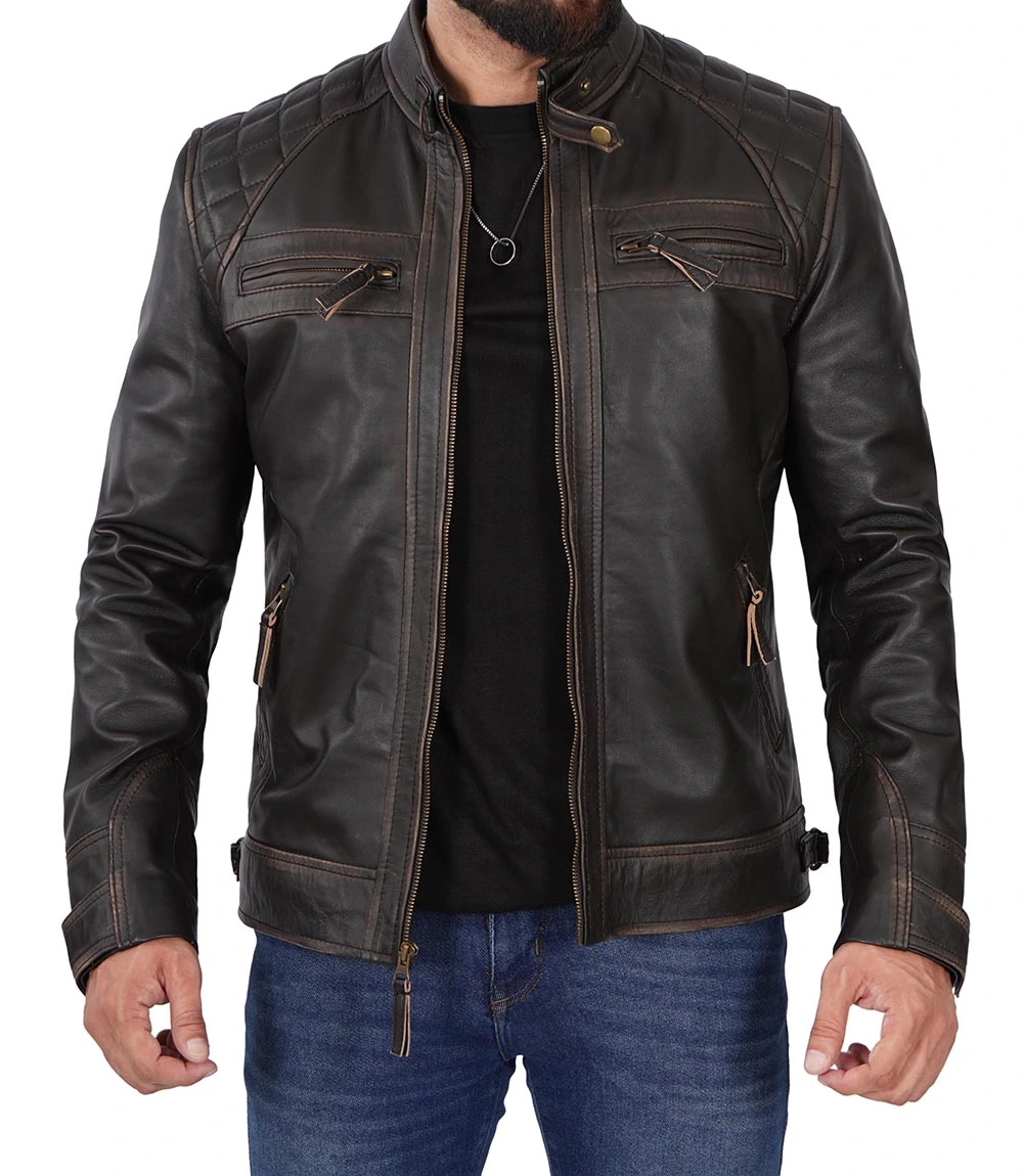 Quilted Cafe Racer Distressed Men's Tall Leather Jacket