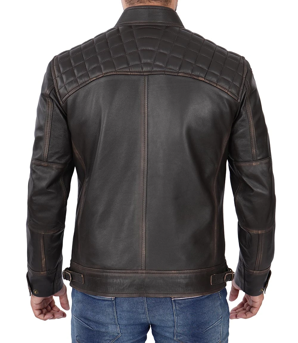 Quilted Cafe Racer Distressed Men's Tall Leather Jacket