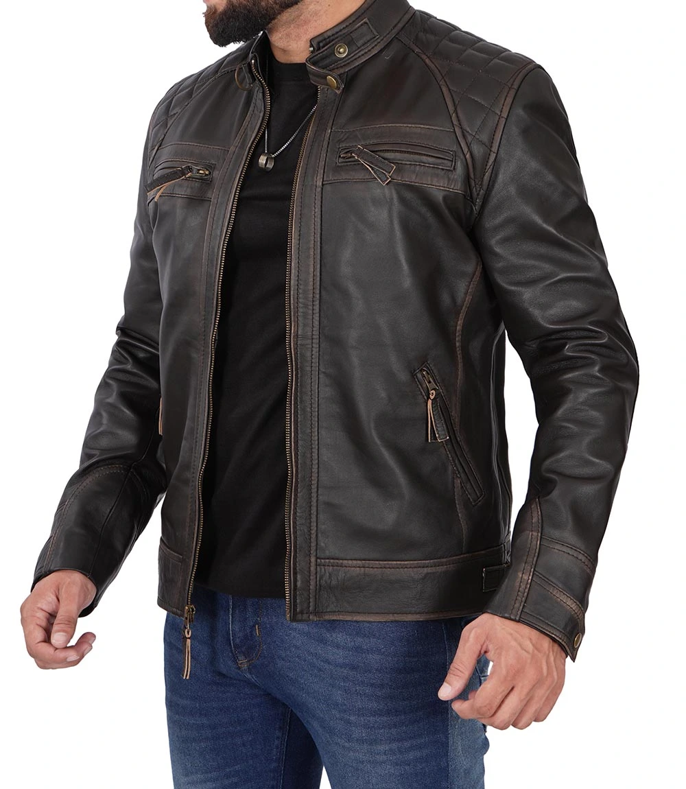 Quilted Cafe Racer Distressed Men's Tall Leather Jacket