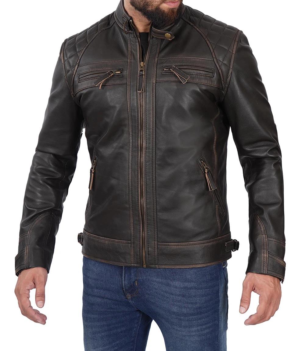 Quilted Cafe Racer Distressed Men's Tall Leather Jacket