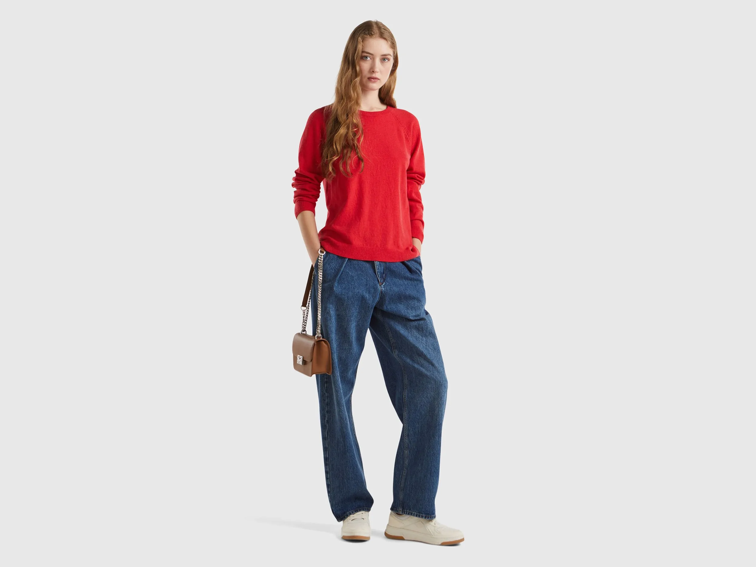 Red crew neck sweater in wool and cashmere blend - Red | Benetton