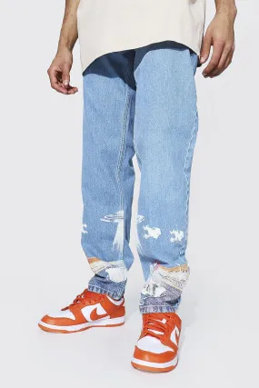 Relaxed Fit Rainbow All Over Print Jeans | boohooMAN UK