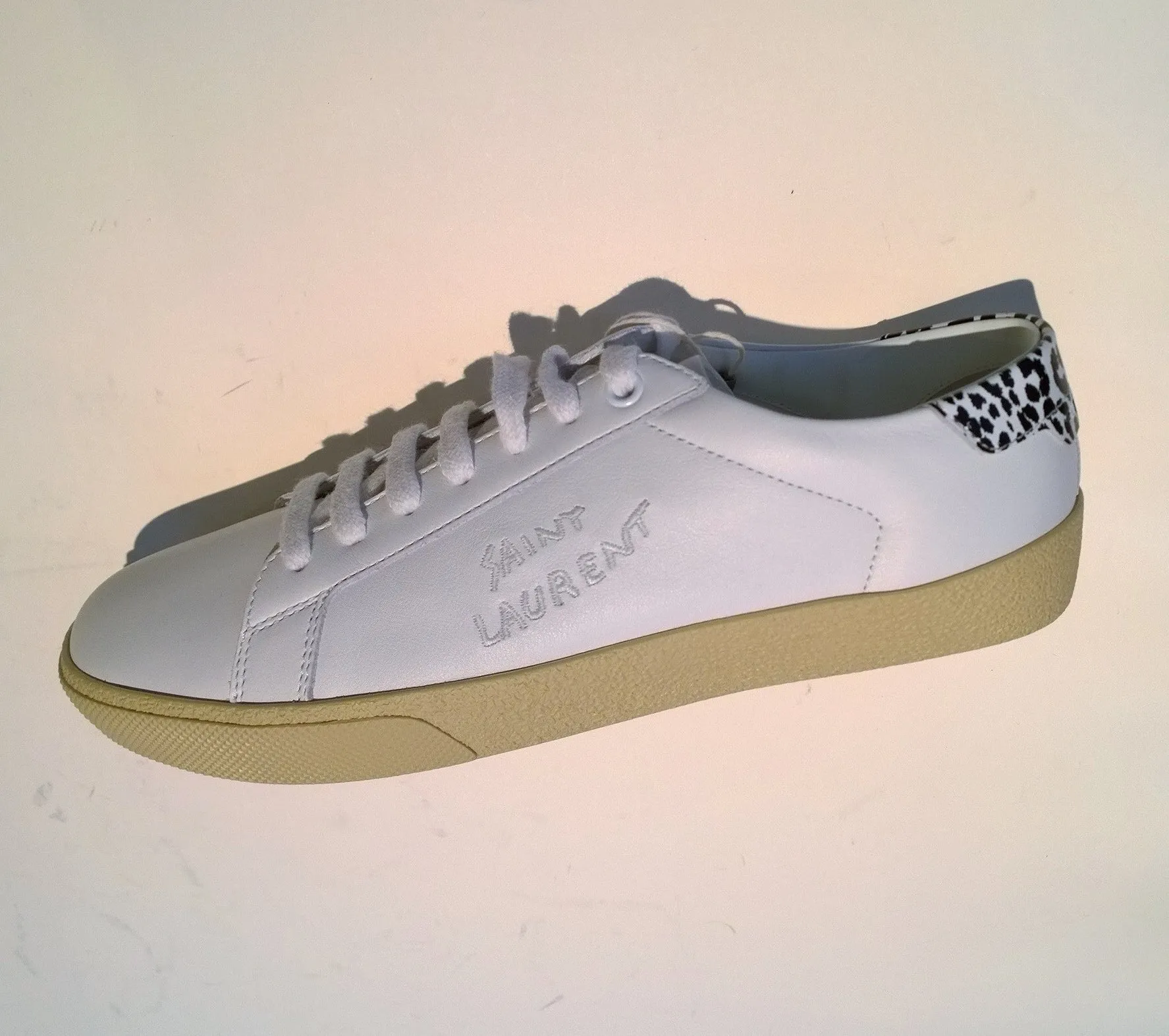 Saint Laurent Court Classic White Leather Sneakers with Snow Leopard Print Detail New Shoes