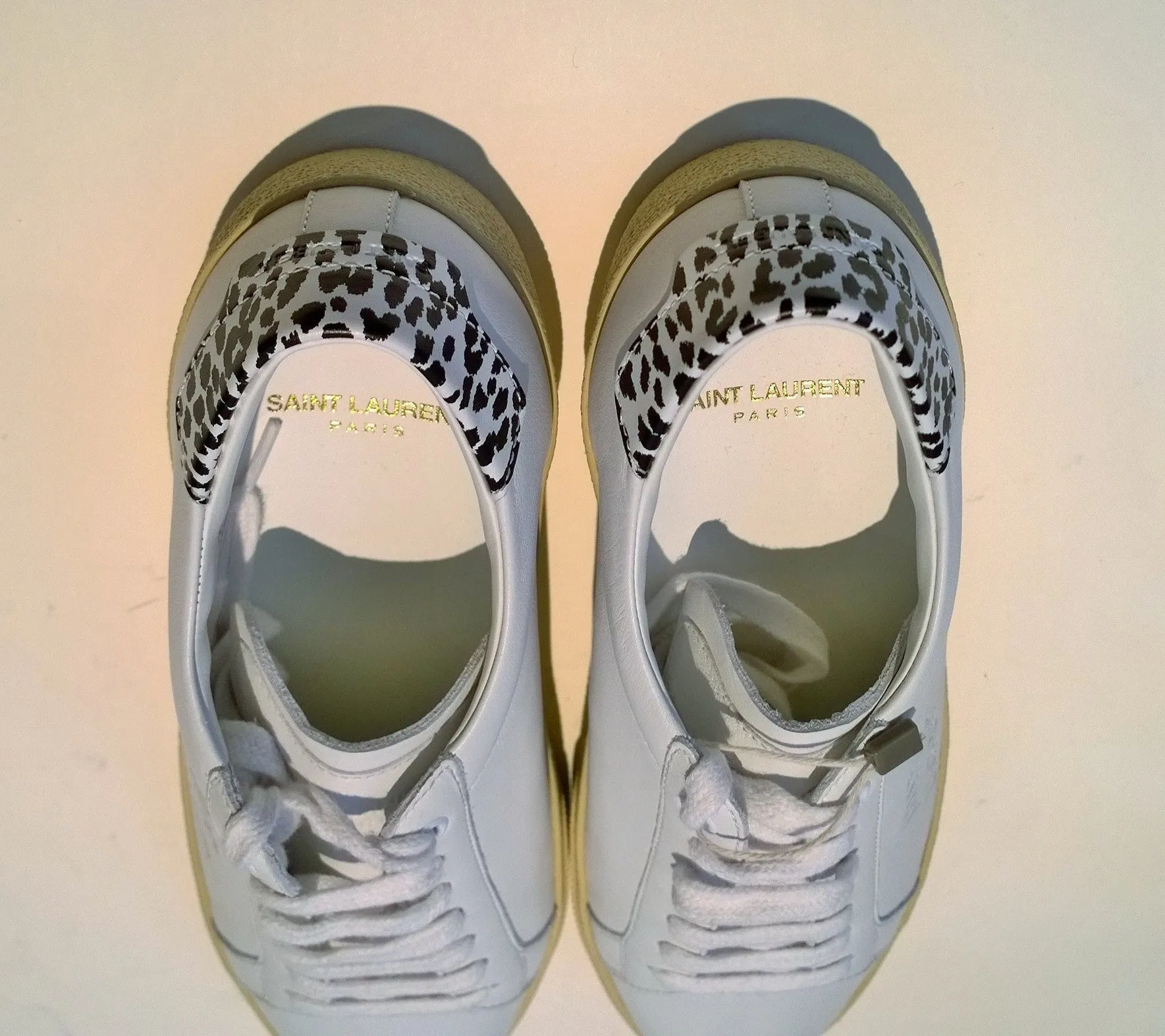 Saint Laurent Court Classic White Leather Sneakers with Snow Leopard Print Detail New Shoes