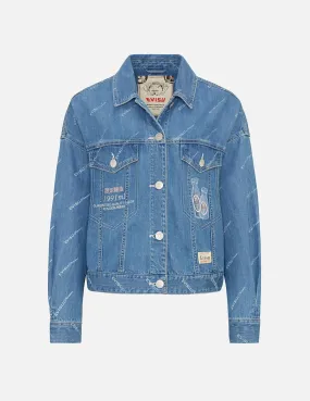 Sake Bottle Embroidered Monogram Print Denim Jacket