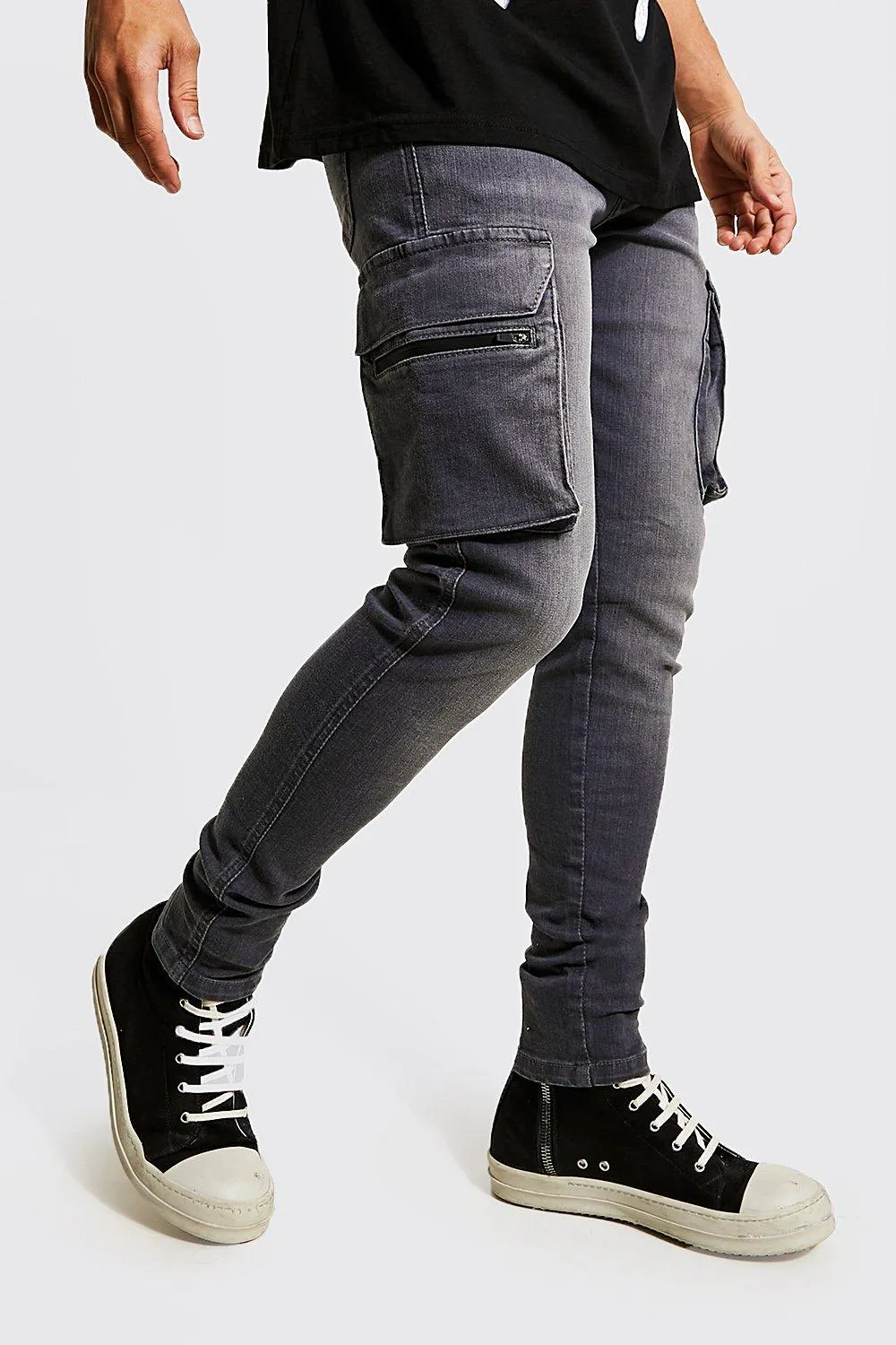 Skinny Stretch Zip Multi Pocket Cargo Jeans | boohooMAN UK