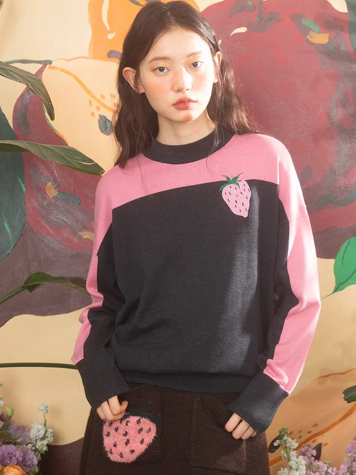 Strawberry Embroidery Round Neck Sweater