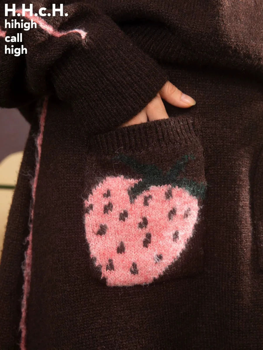 Strawberry Jacquard Half-open Collar Sweater & Mid-length Knitted Skirt