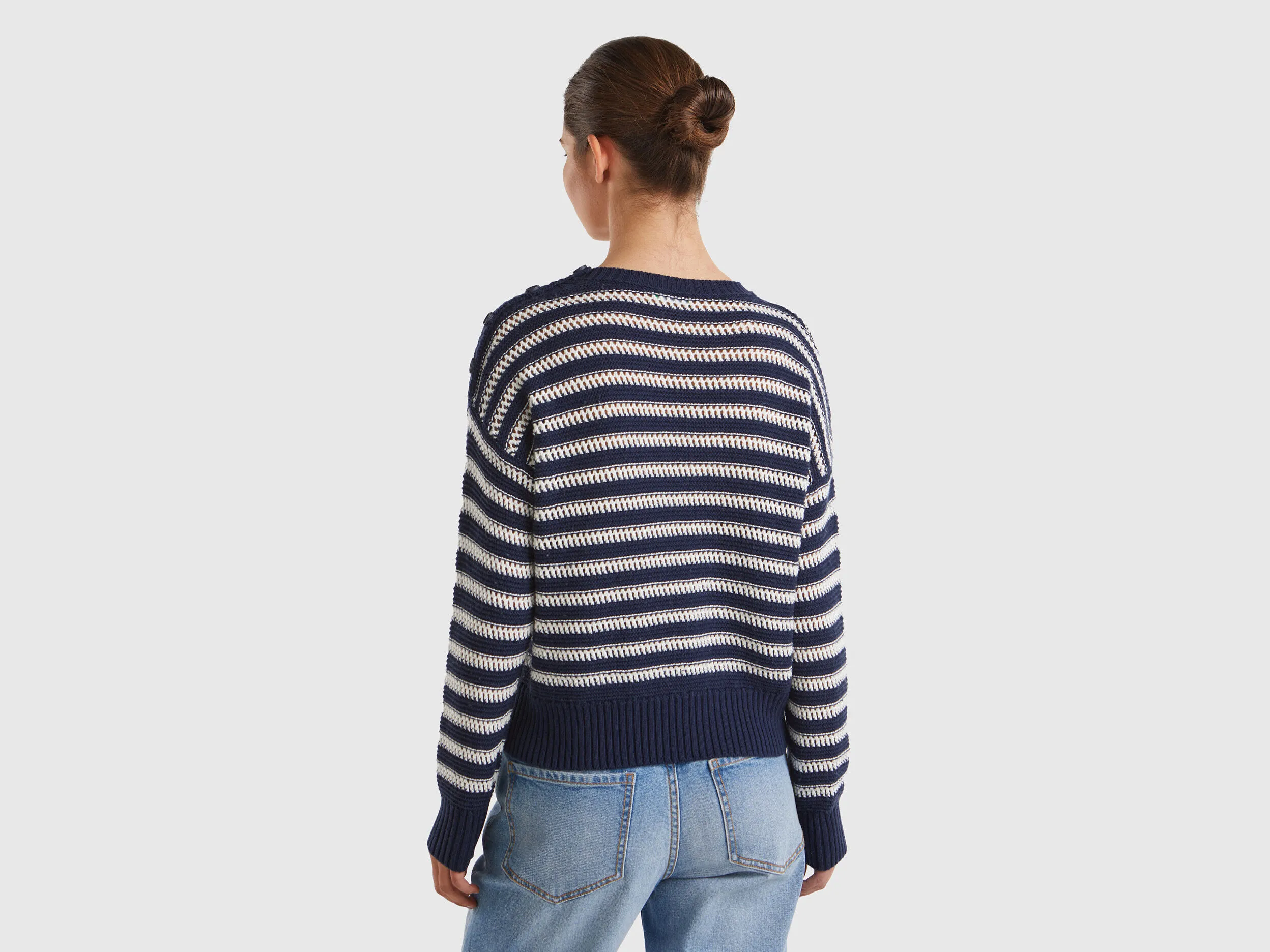 Striped boxy fit sweater - Dark Blue | Benetton