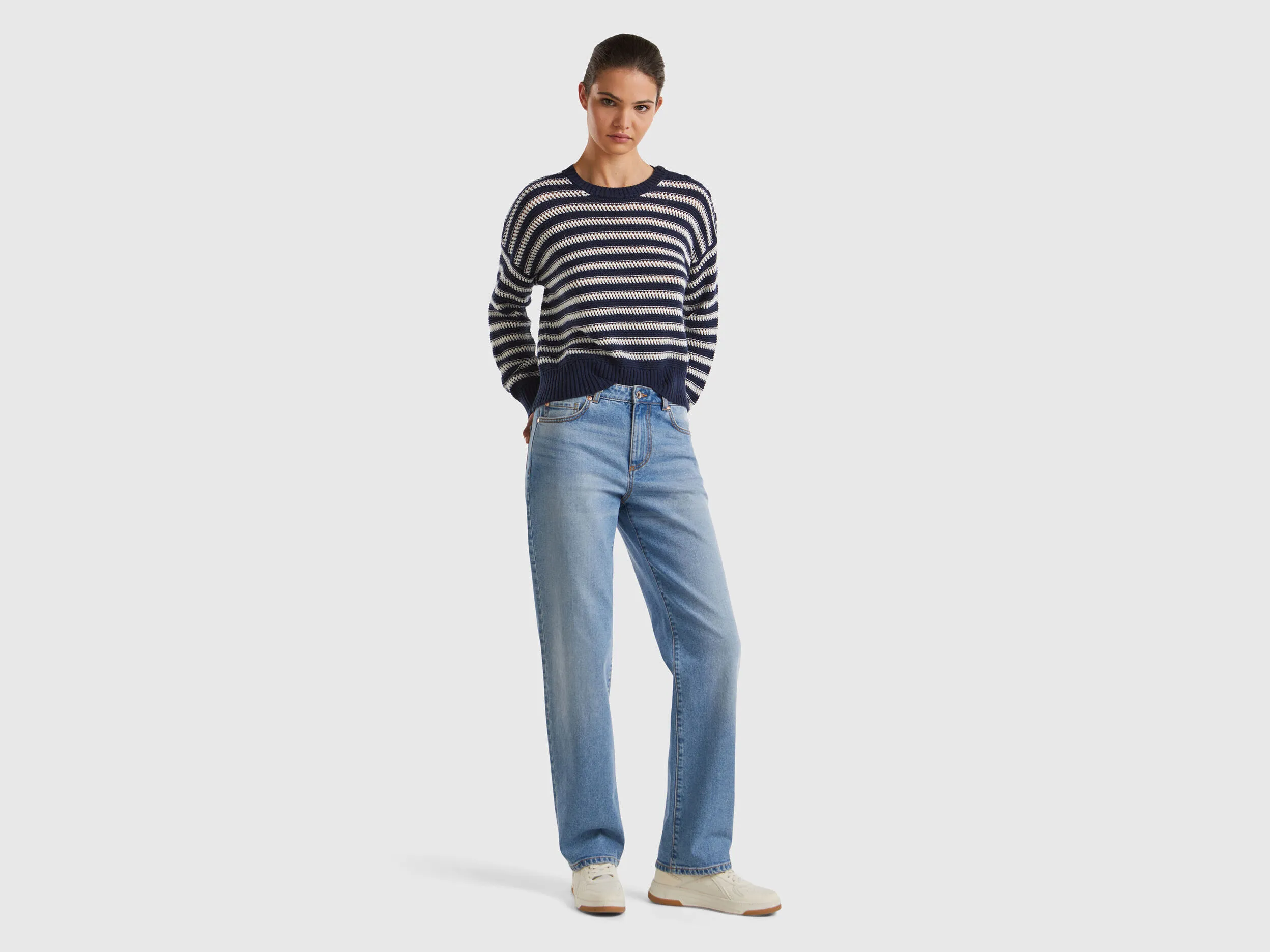 Striped boxy fit sweater - Dark Blue | Benetton