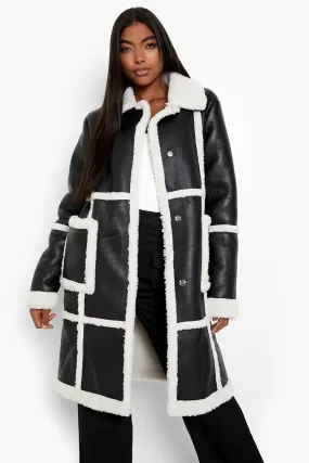 Tall Faux Fur Trim Bonded Longline Aviator Jacket